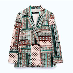 NWT ZARA Retro Patchwork Printed Multicolor Satin-Effect Blazer, Sz S/M